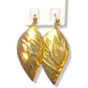 #U12 Gold Plated Hammered Vintage Leaf Dangle Earrings
